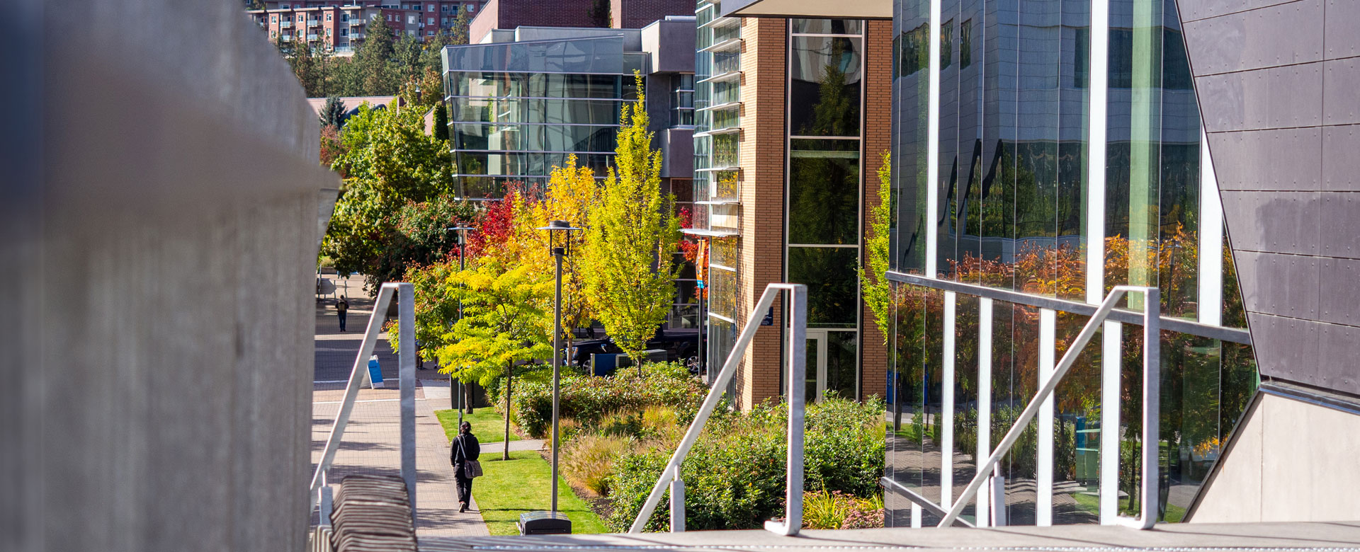 A view of campus buildings from a staircase