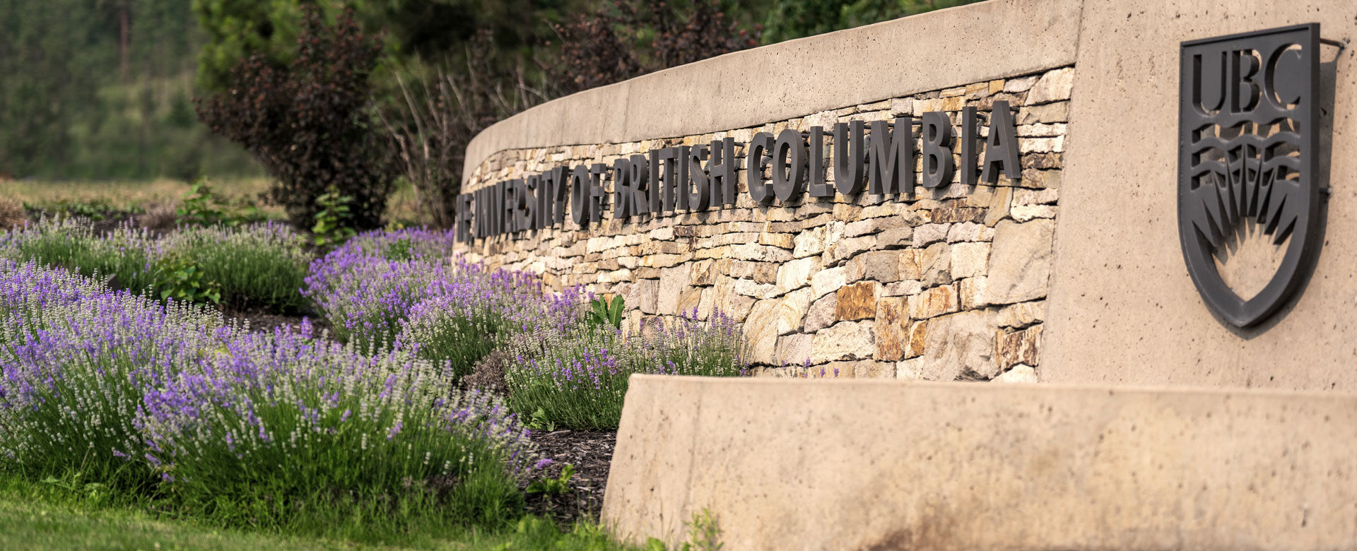 The UBC logo on the rock wall as you enter the UBC Okanagan campus