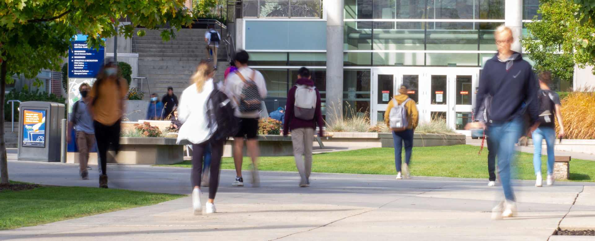 Students walking down a path surrounded by greenery at UBC Okanagan.