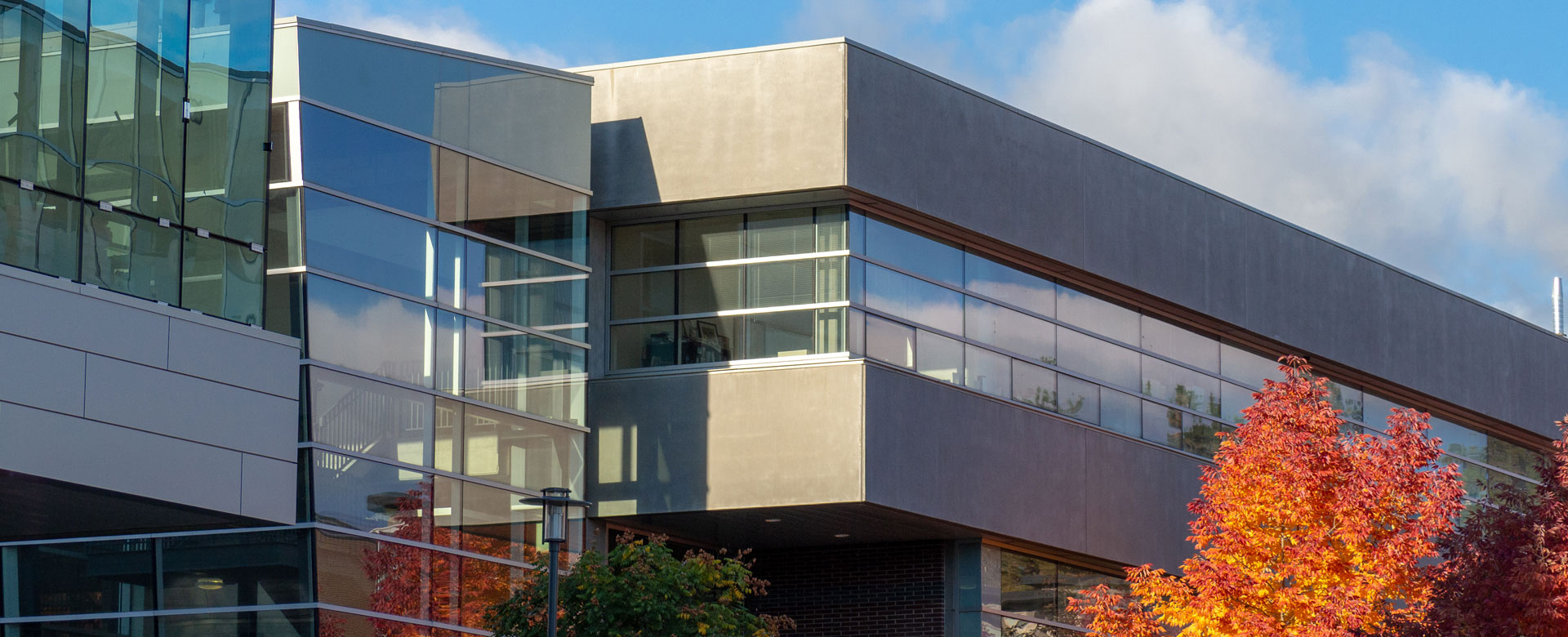 The exterior of UBC Okanagan's Commons and Fipke buidlings with a autumn-coloured tree in the foreground.